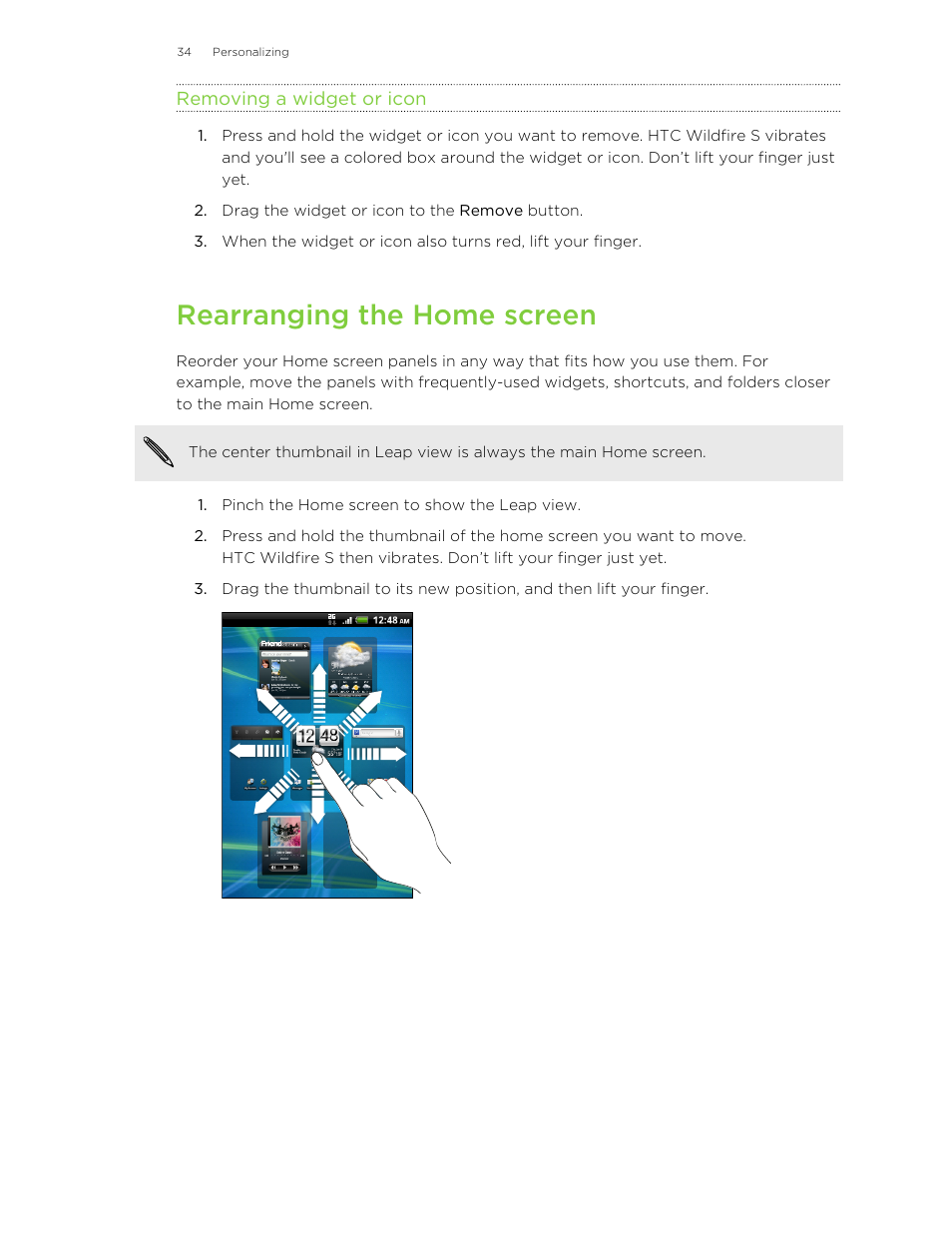 Removing a widget or icon, Rearranging the home screen | HTC Wildfire S EN User Manual | Page 34 / 187