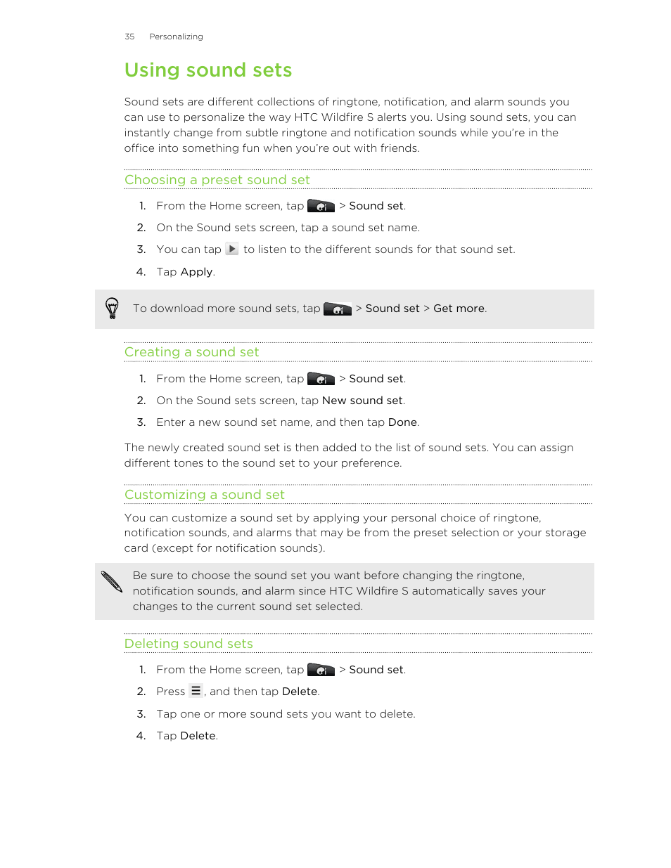 Using sound sets, Choosing a preset sound set, Creating a sound set | Customizing a sound set, Deleting sound sets | HTC Wildfire S EN User Manual | Page 35 / 187