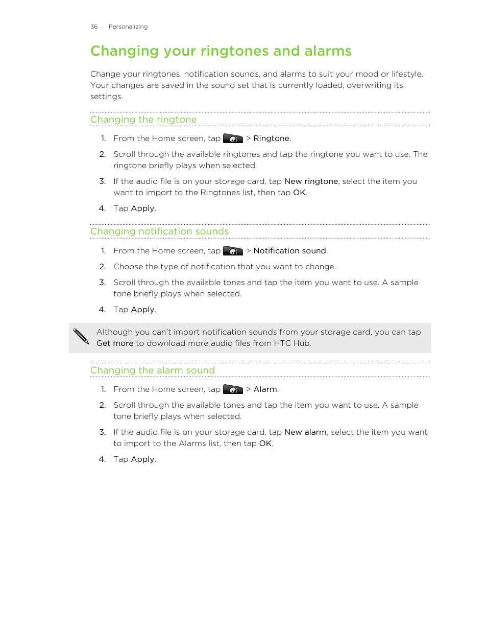 Changing your ringtones and alarms, Changing the ringtone, Changing notification sounds | Changing the alarm sound | HTC Wildfire S EN User Manual | Page 36 / 187