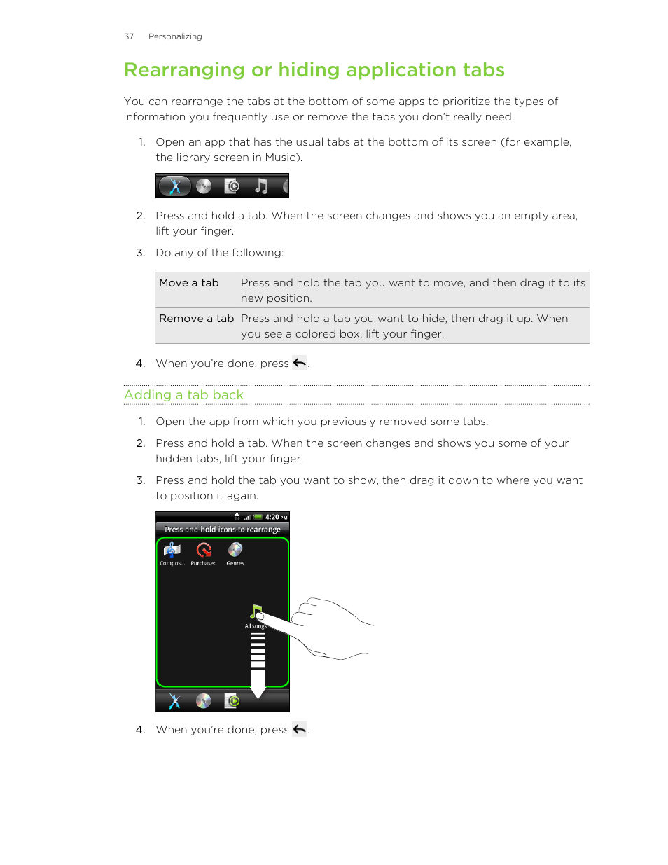 Rearranging or hiding application tabs, Adding a tab back | HTC Wildfire S EN User Manual | Page 37 / 187