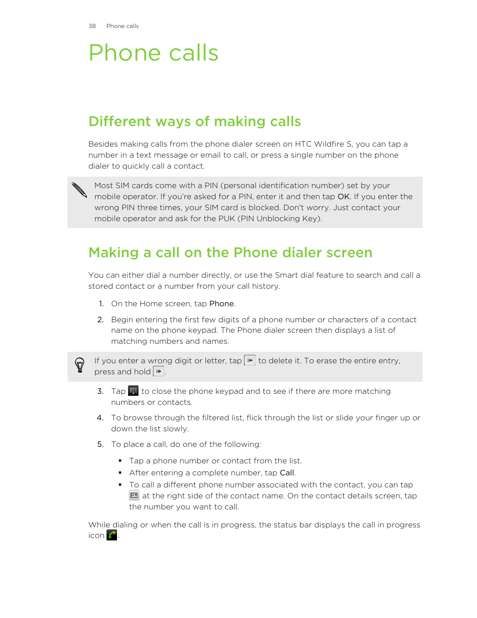 Phone calls, Different ways of making calls, Making a call on the phone dialer screen | HTC Wildfire S EN User Manual | Page 38 / 187