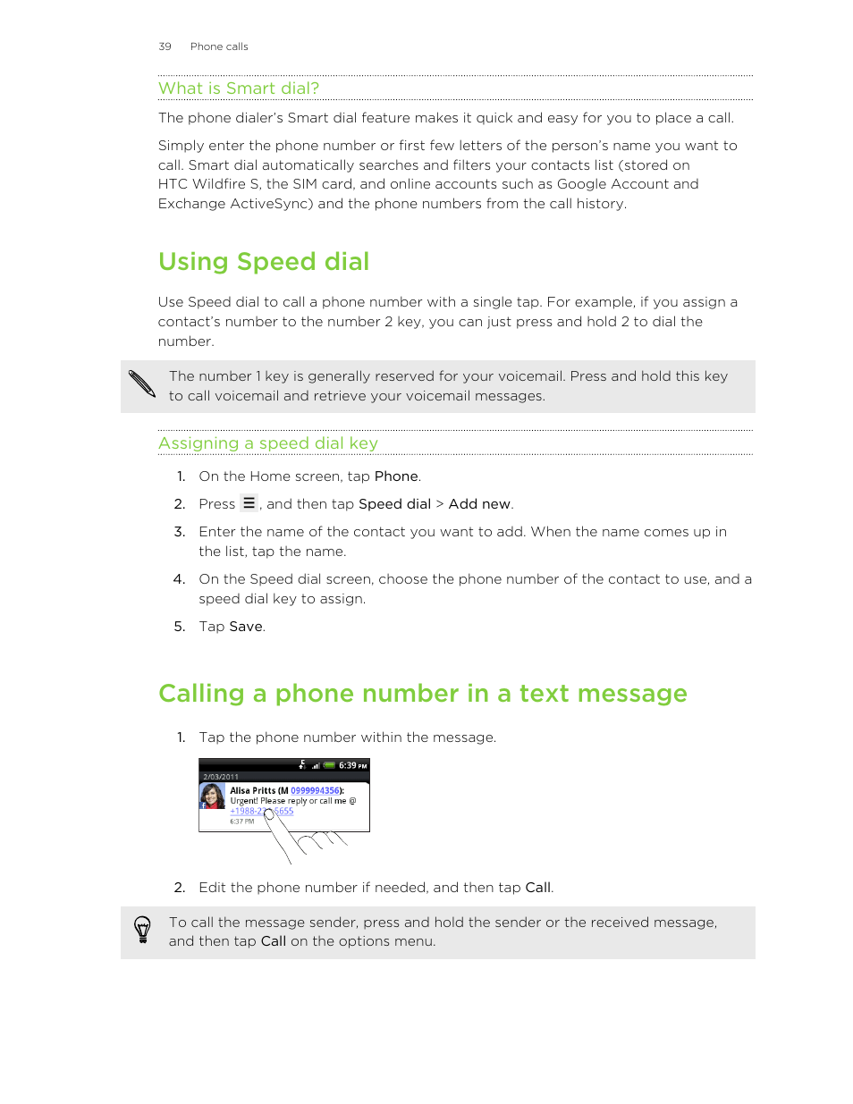 What is smart dial, Using speed dial, Assigning a speed dial key | Calling a phone number in a text message | HTC Wildfire S EN User Manual | Page 39 / 187