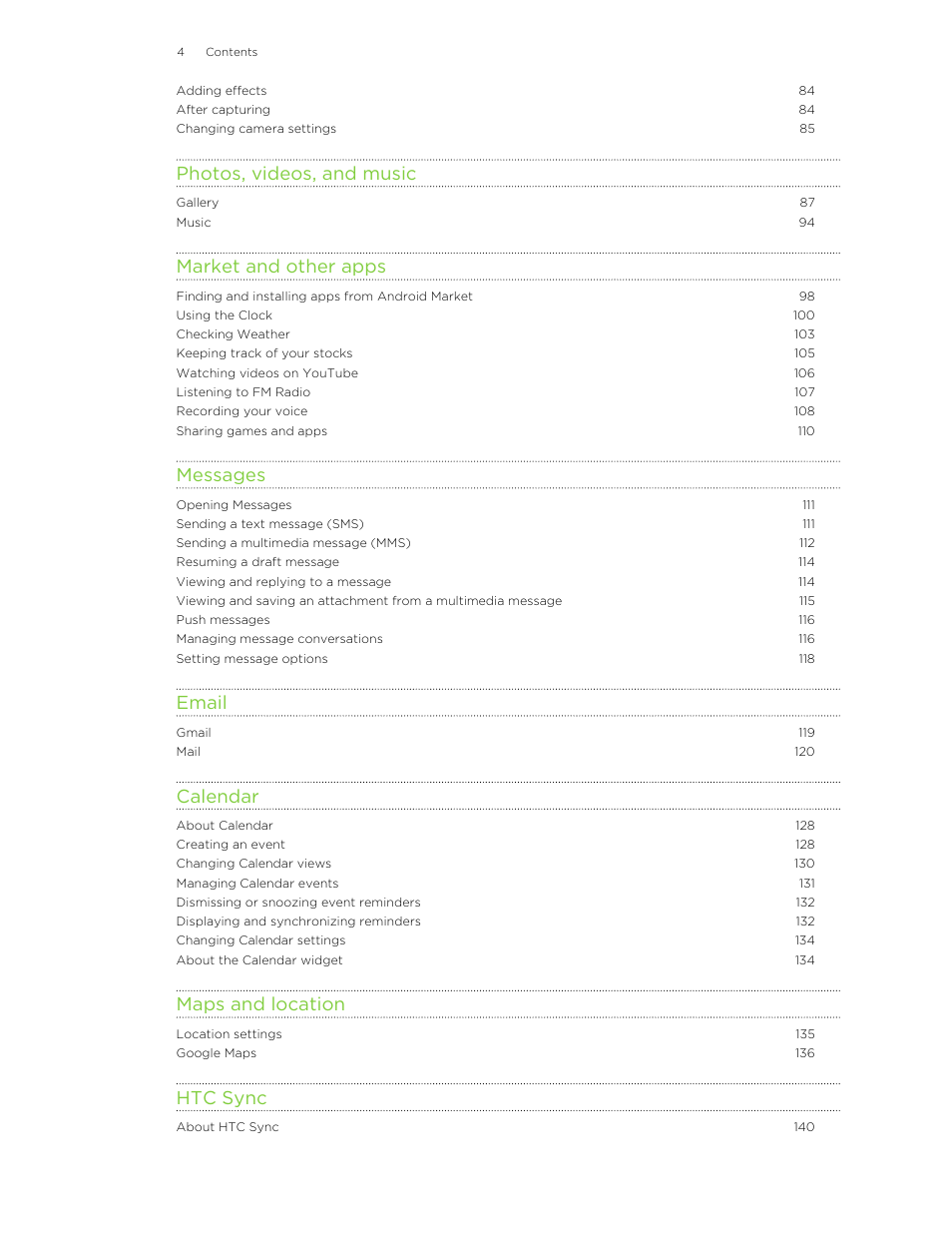 Photos, videos, and music, Market and other apps, Messages | Email, Calendar, Maps and location, Htc sync | HTC Wildfire S EN User Manual | Page 4 / 187