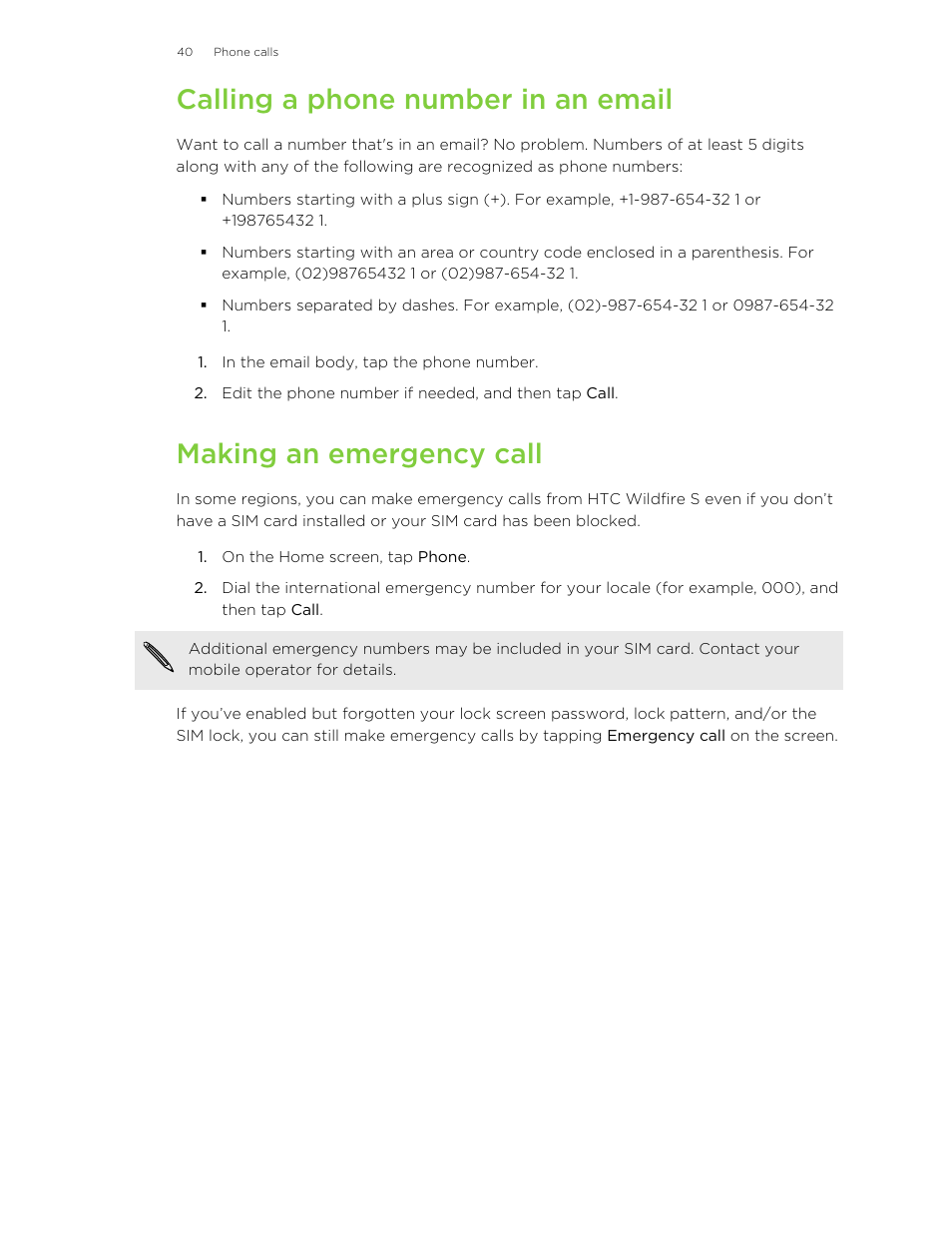 Calling a phone number in an email, Making an emergency call | HTC Wildfire S EN User Manual | Page 40 / 187