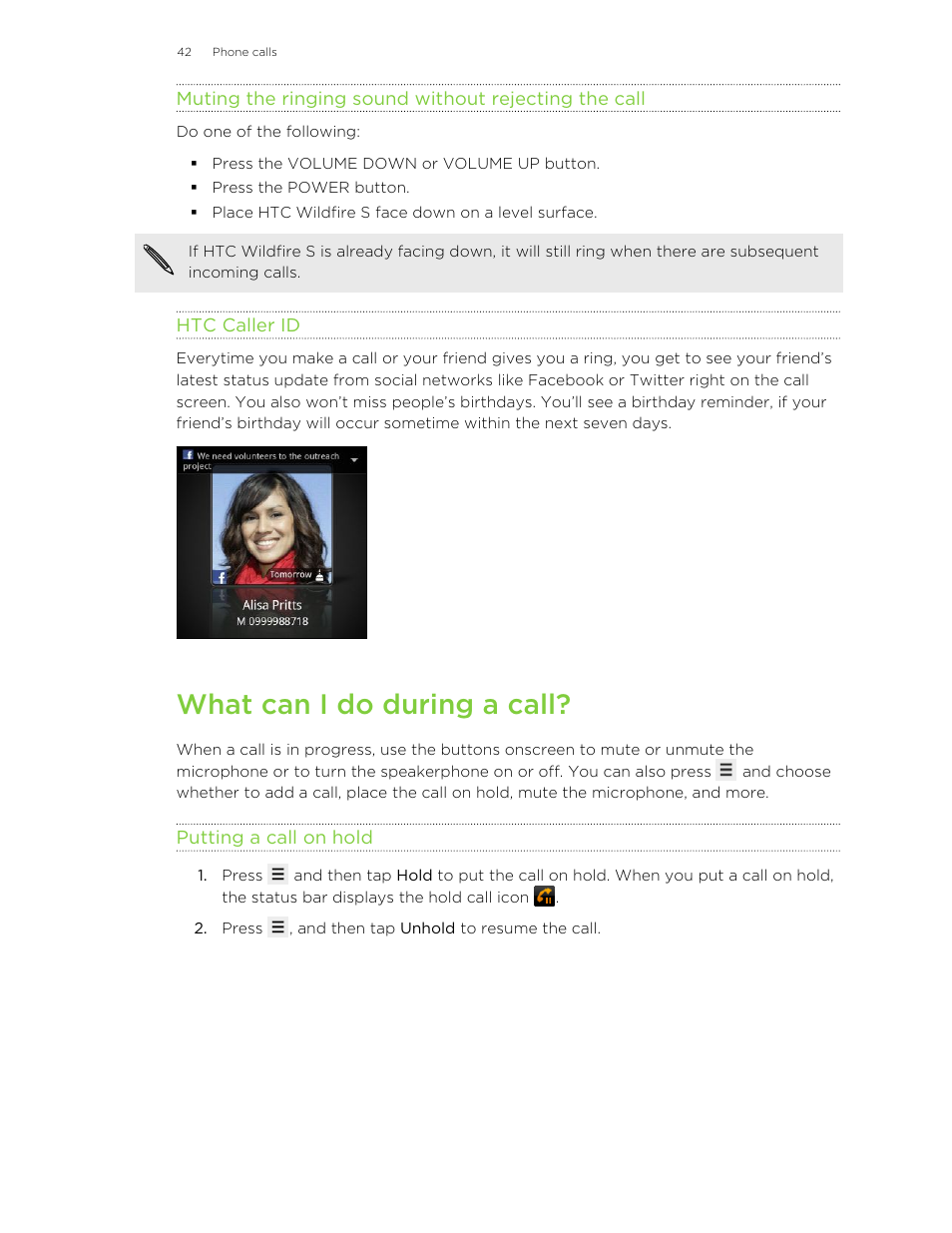 Htc caller id, What can i do during a call, Putting a call on hold | HTC Wildfire S EN User Manual | Page 42 / 187