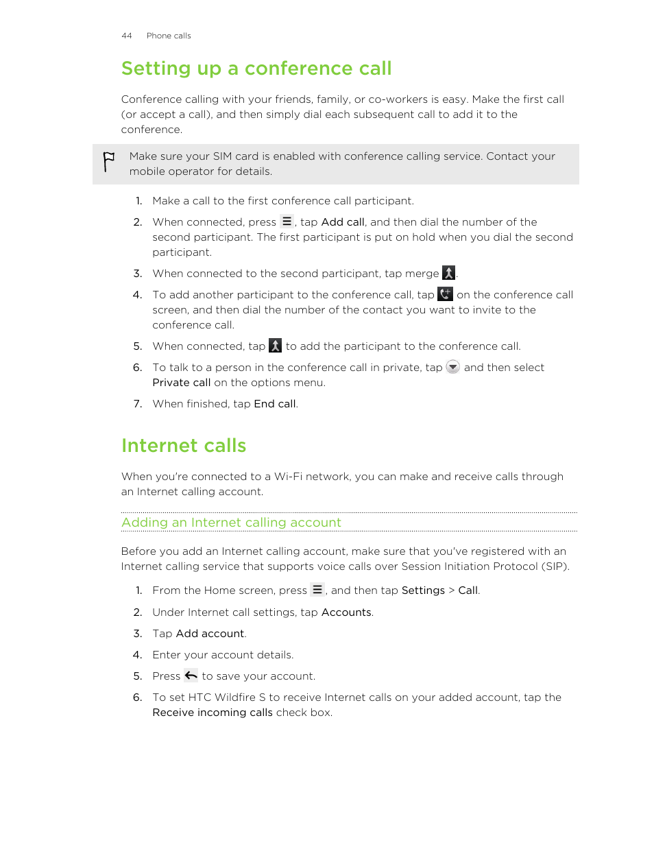 Setting up a conference call, Internet calls, Adding an internet calling account | HTC Wildfire S EN User Manual | Page 44 / 187