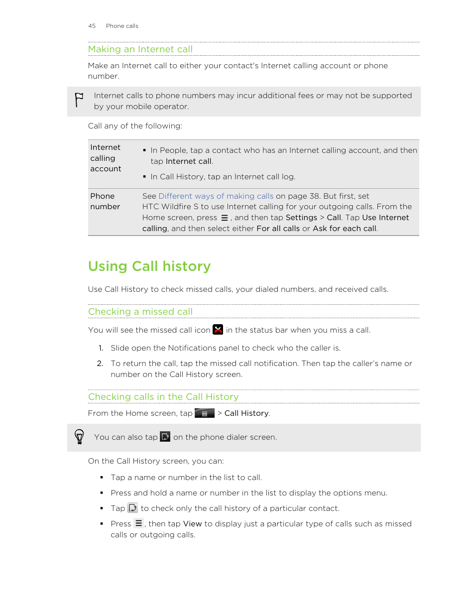 Making an internet call, Using call history, Checking a missed call | Checking calls in the call history | HTC Wildfire S EN User Manual | Page 45 / 187