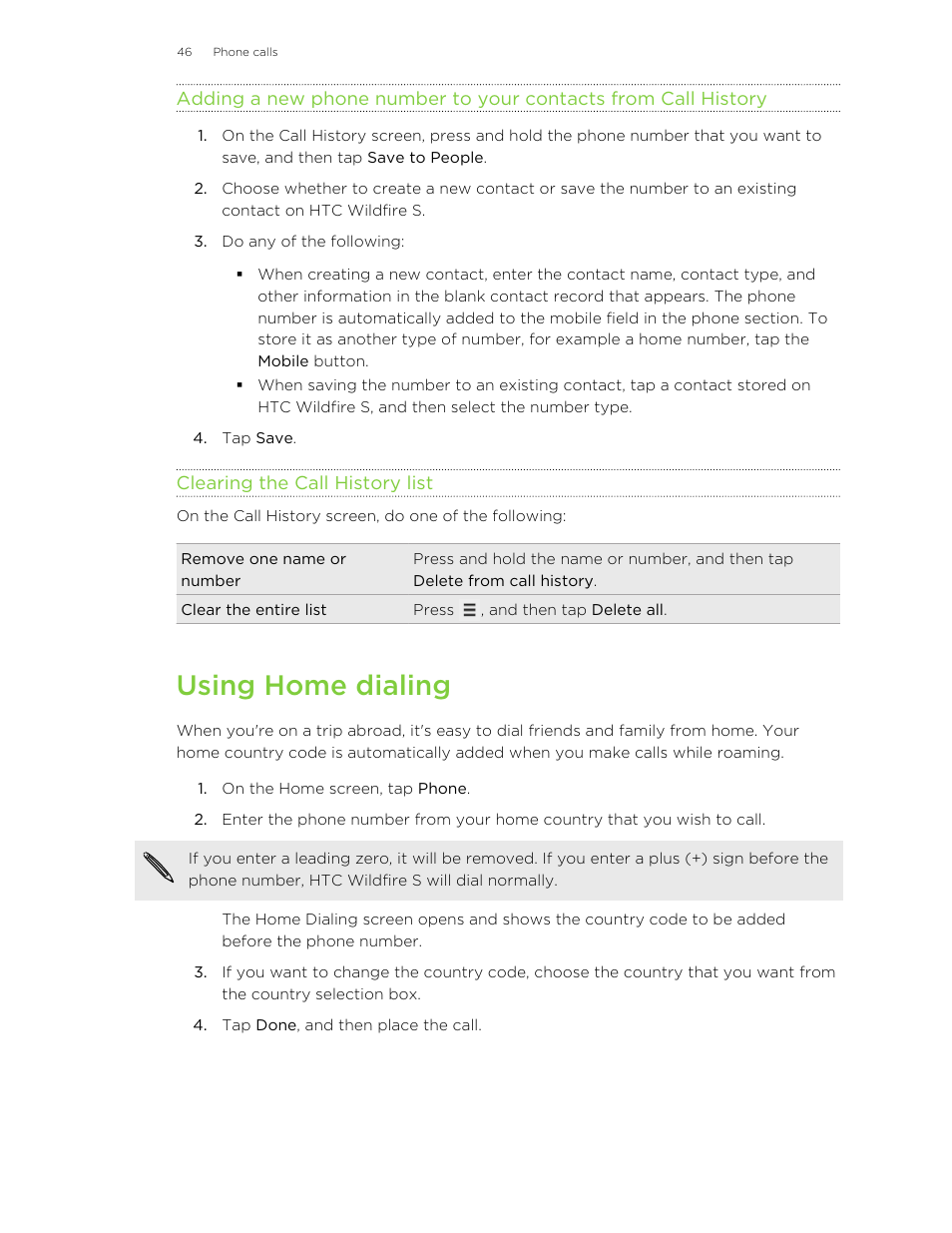 Clearing the call history list, Using home dialing | HTC Wildfire S EN User Manual | Page 46 / 187