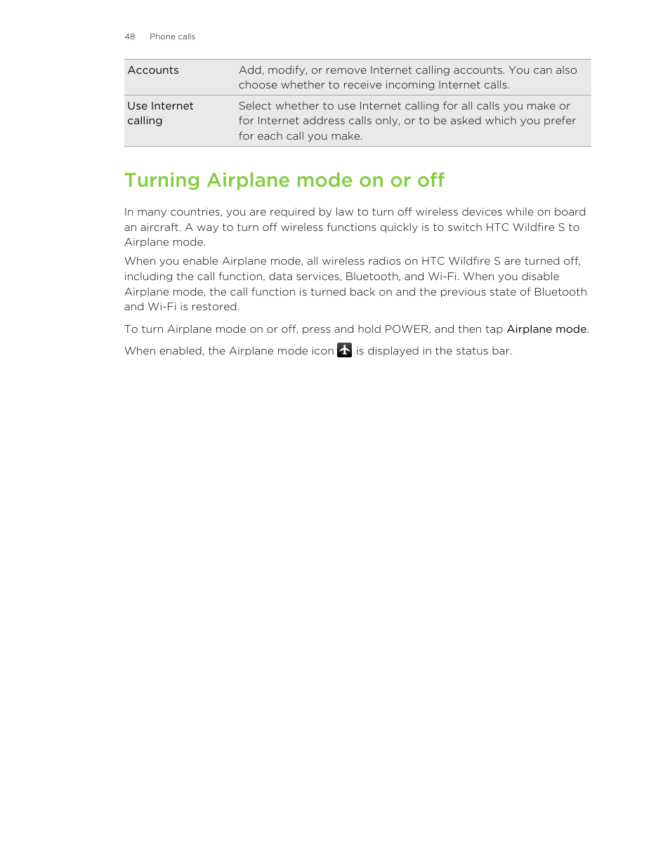 Turning airplane mode on or off | HTC Wildfire S EN User Manual | Page 48 / 187