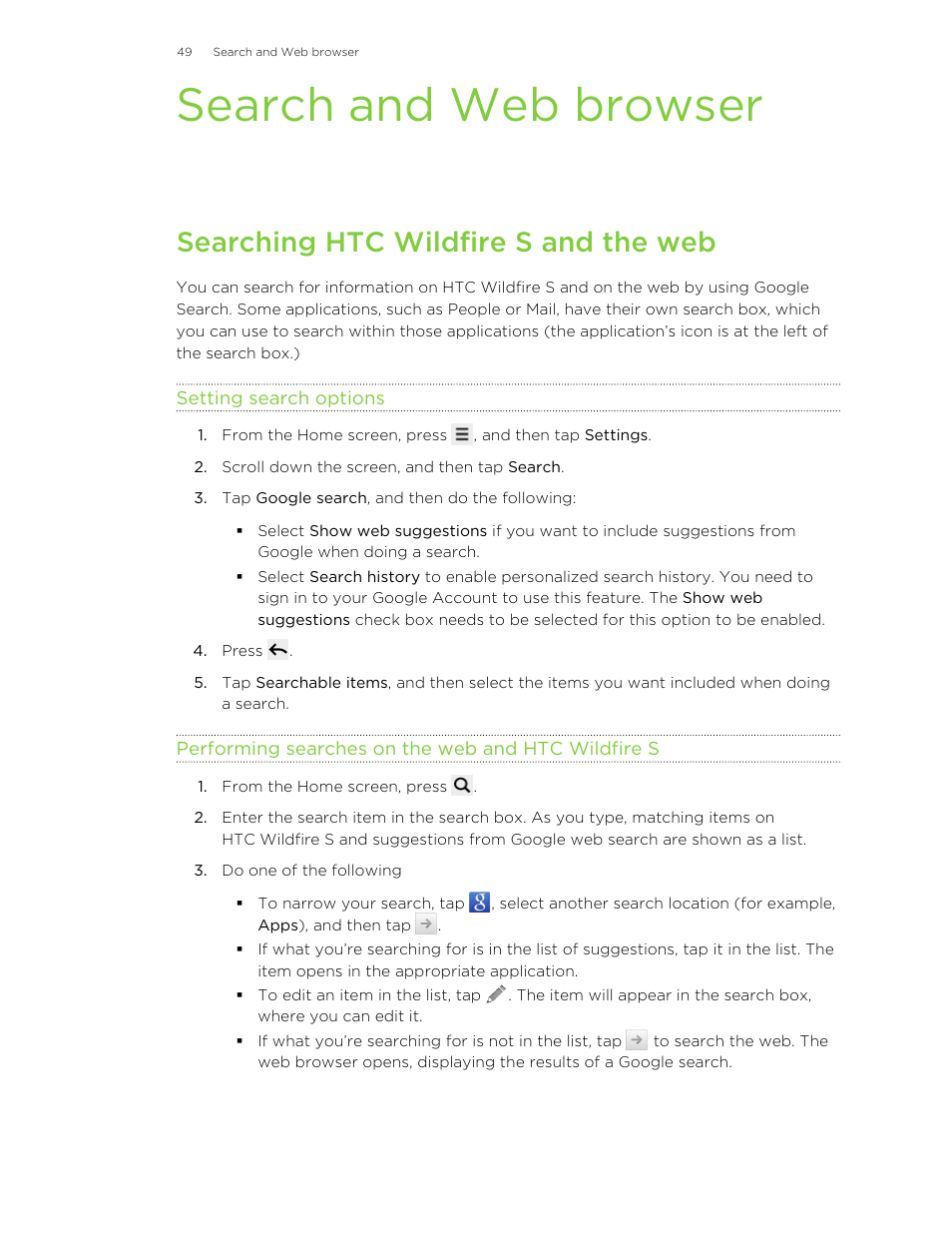 Search and web browser, Searching htc wildfire s and the web, Setting search options | Performing searches on the web and htc wildfire s | HTC Wildfire S EN User Manual | Page 49 / 187
