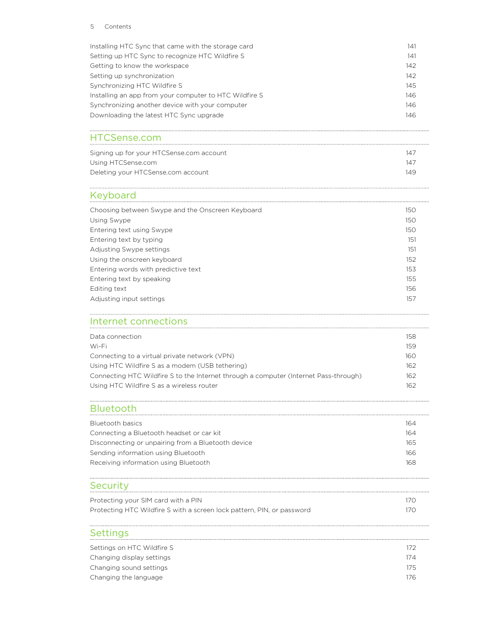 Keyboard, Internet connections, Bluetooth | Security, Settings | HTC Wildfire S EN User Manual | Page 5 / 187