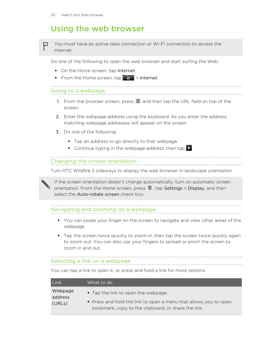 Using the web browser, Changing the screen orientation | HTC Wildfire S EN User Manual | Page 50 / 187