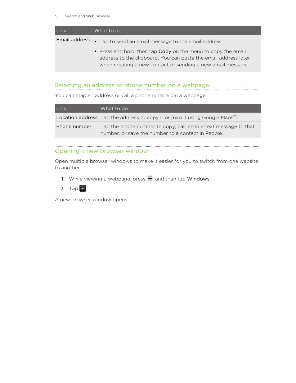 Opening a new browser window | HTC Wildfire S EN User Manual | Page 51 / 187