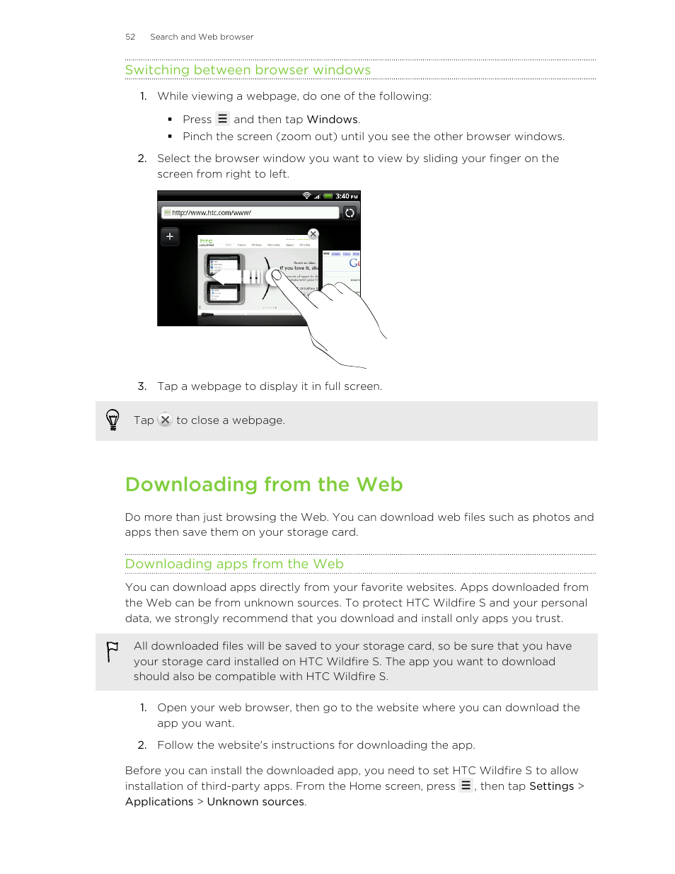 Switching between browser windows, Downloading from the web, Downloading apps from the web | HTC Wildfire S EN User Manual | Page 52 / 187