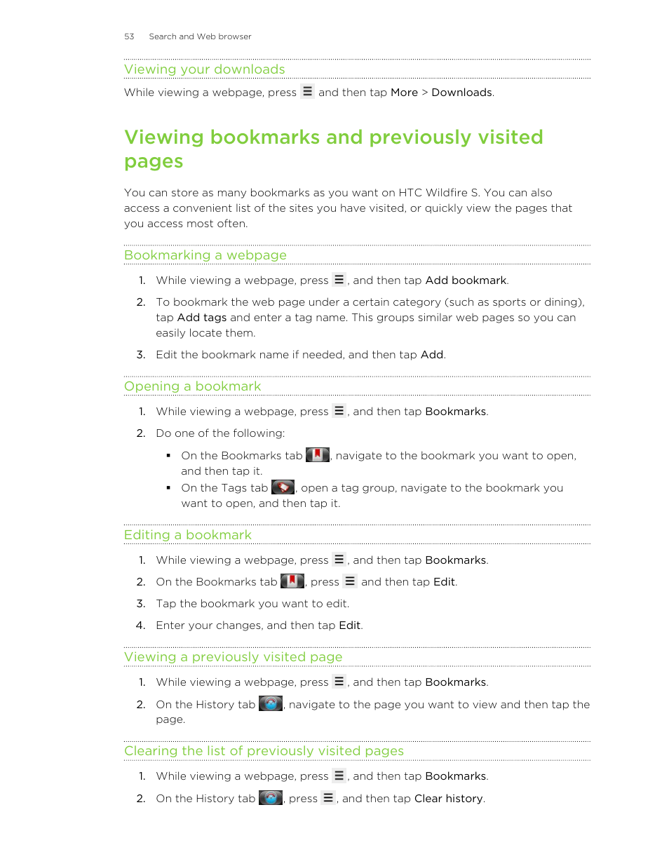 Viewing your downloads, Opening a bookmark, Editing a bookmark | Viewing bookmarks and previously visited pages | HTC Wildfire S EN User Manual | Page 53 / 187