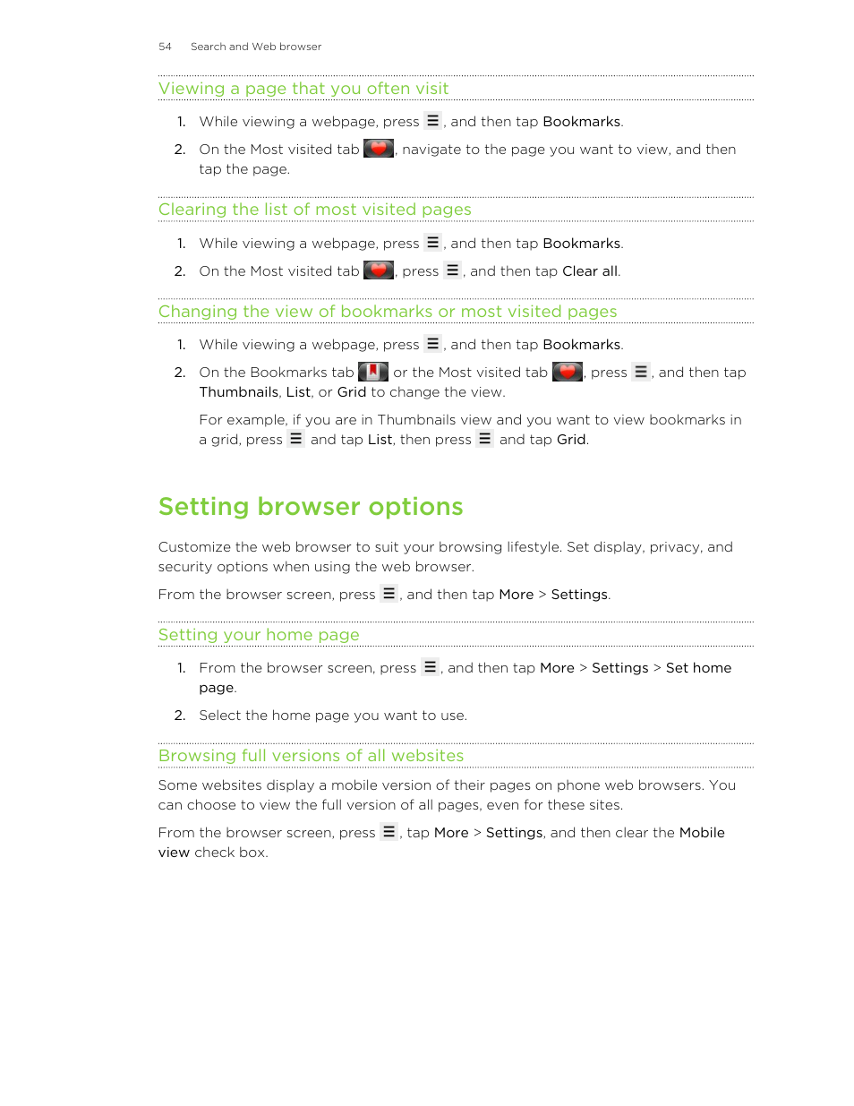 Setting browser options, Browsing full versions of all websites | HTC Wildfire S EN User Manual | Page 54 / 187
