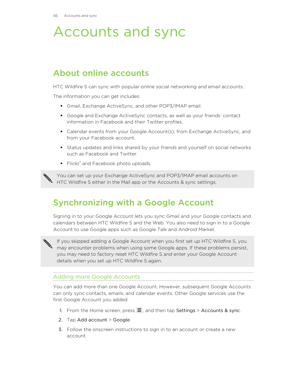 Accounts and sync, About online accounts, Synchronizing with a google account | Adding more google accounts | HTC Wildfire S EN User Manual | Page 56 / 187