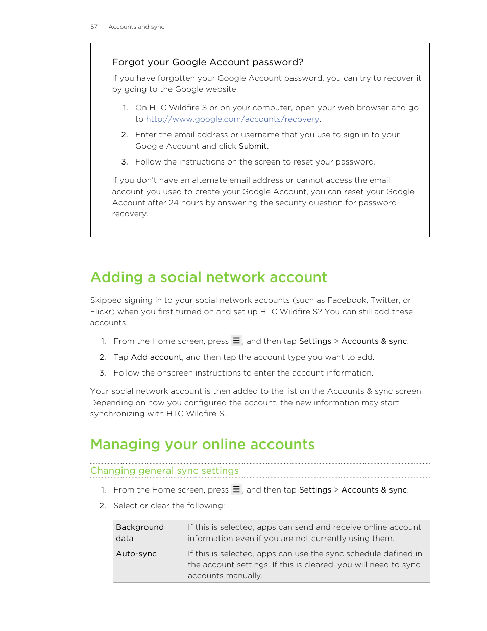 Forgot your google account password, Adding a social network account, Managing your online accounts | Changing general sync settings | HTC Wildfire S EN User Manual | Page 57 / 187