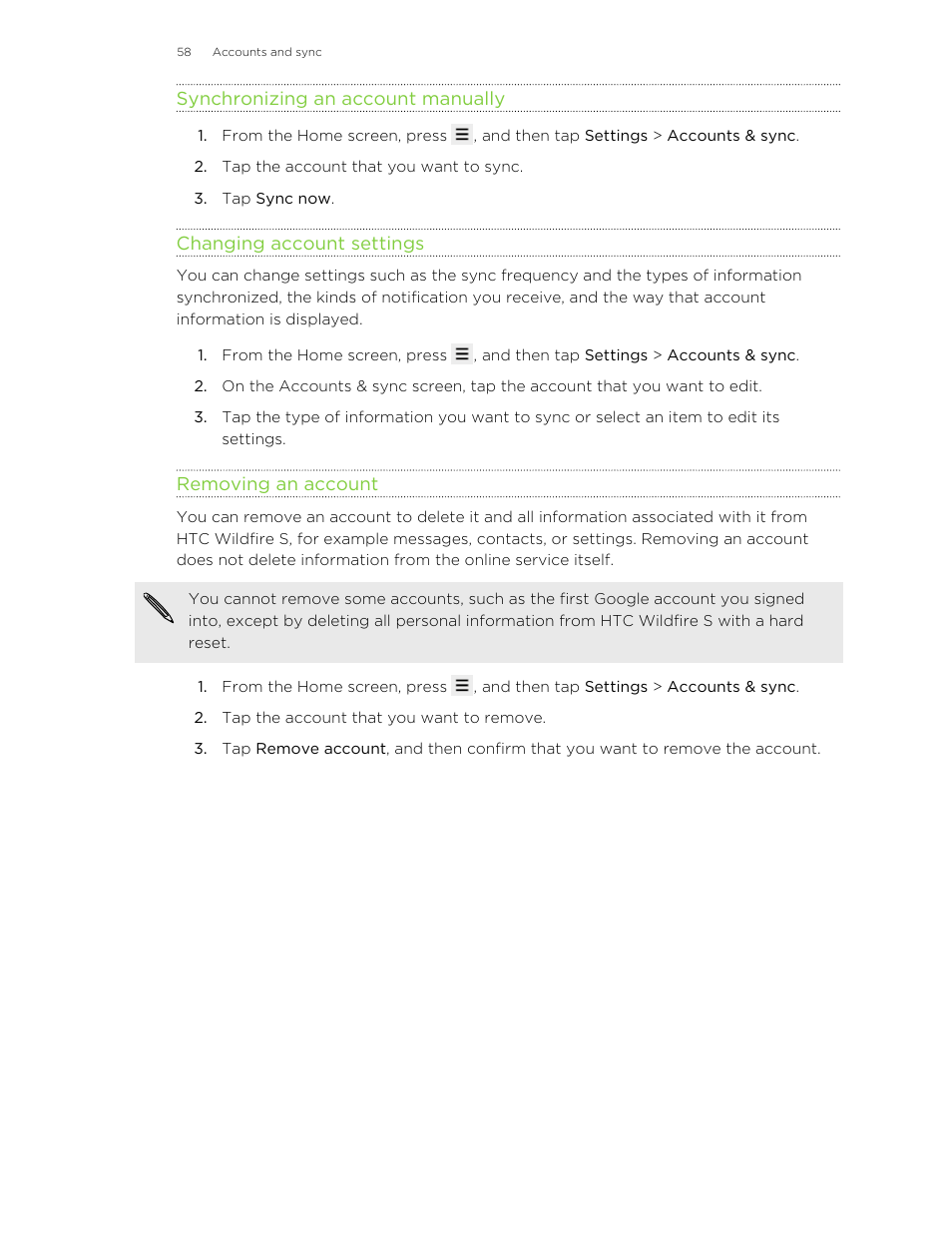 Synchronizing an account manually, Changing account settings, Removing an account | HTC Wildfire S EN User Manual | Page 58 / 187
