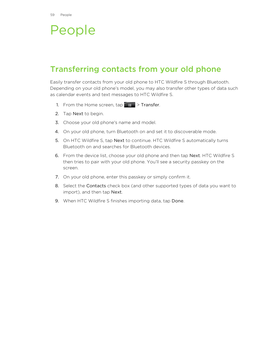 People, Transferring contacts from your old phone | HTC Wildfire S EN User Manual | Page 59 / 187