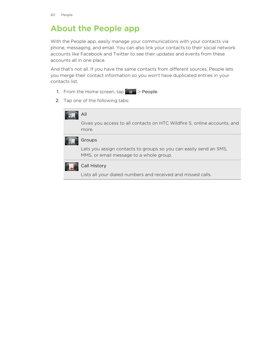 About the people app | HTC Wildfire S EN User Manual | Page 60 / 187