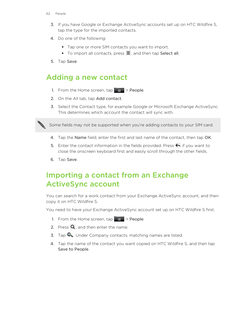 Adding a new contact | HTC Wildfire S EN User Manual | Page 62 / 187