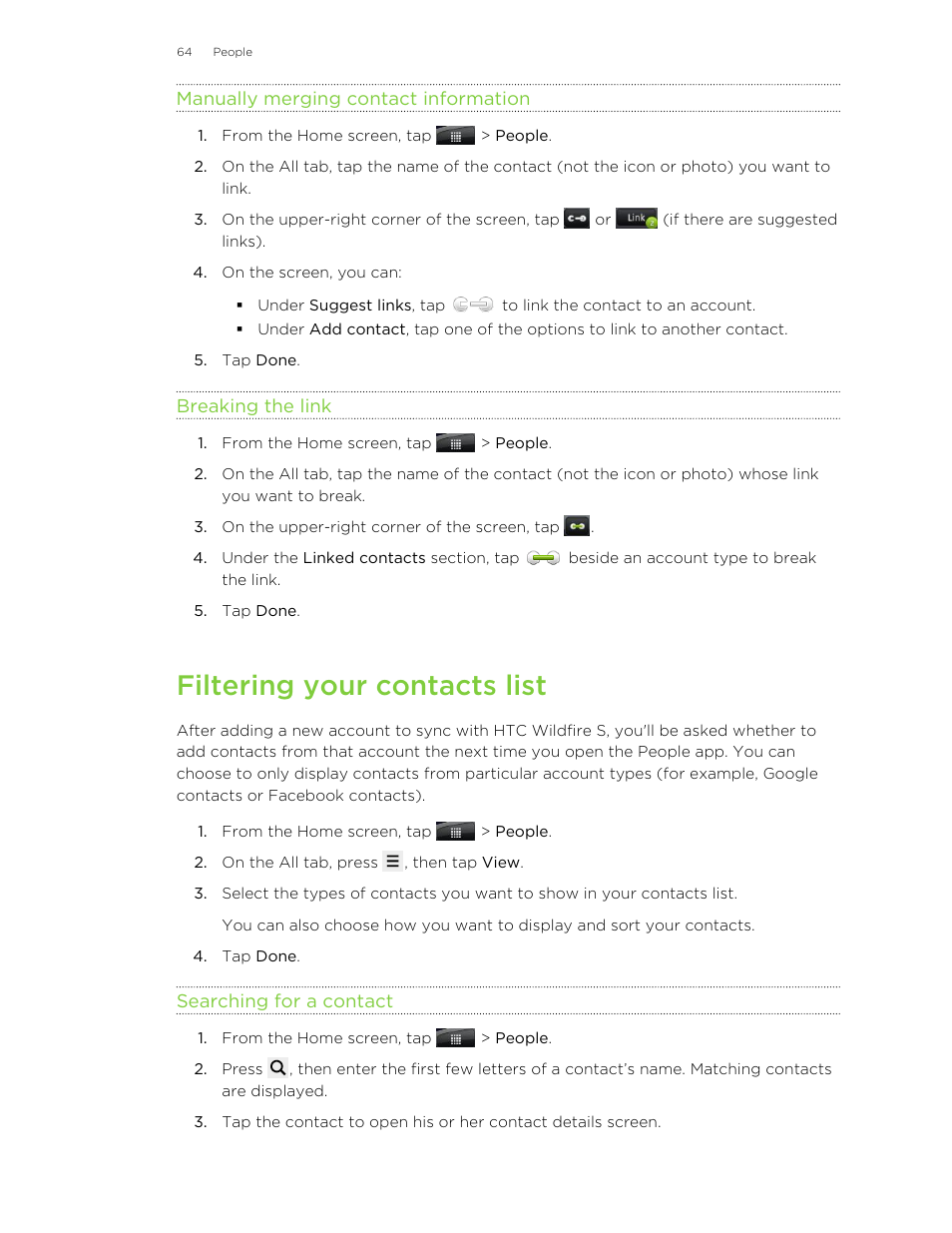 Manually merging contact information, Breaking the link, Filtering your contacts list | Searching for a contact | HTC Wildfire S EN User Manual | Page 64 / 187