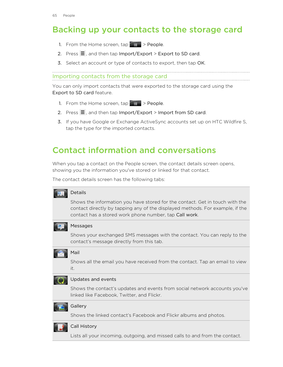 Backing up your contacts to the storage card, Importing contacts from the storage card, Contact information and conversations | HTC Wildfire S EN User Manual | Page 65 / 187