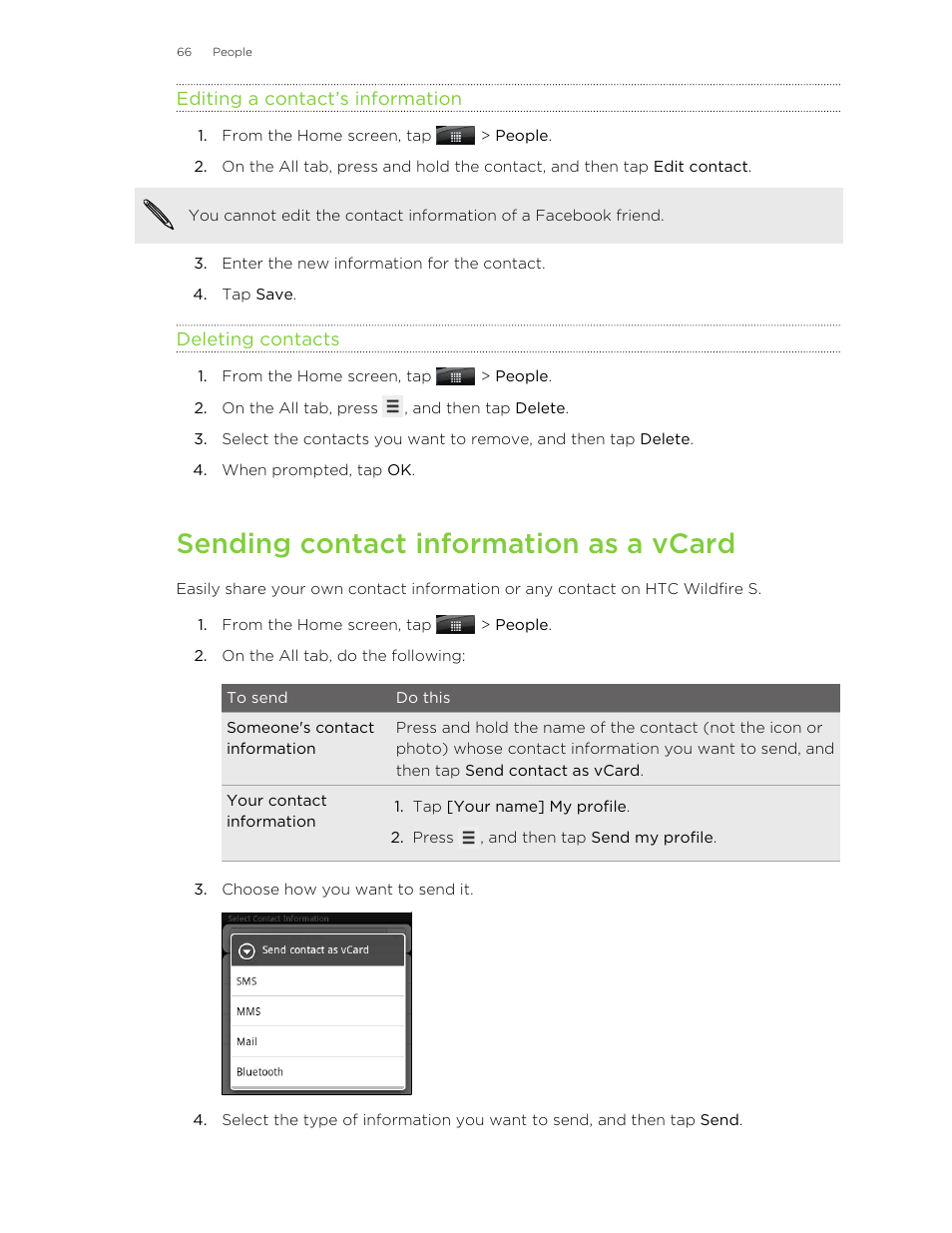 Editing a contact’s information, Deleting contacts, Sending contact information as a vcard | HTC Wildfire S EN User Manual | Page 66 / 187