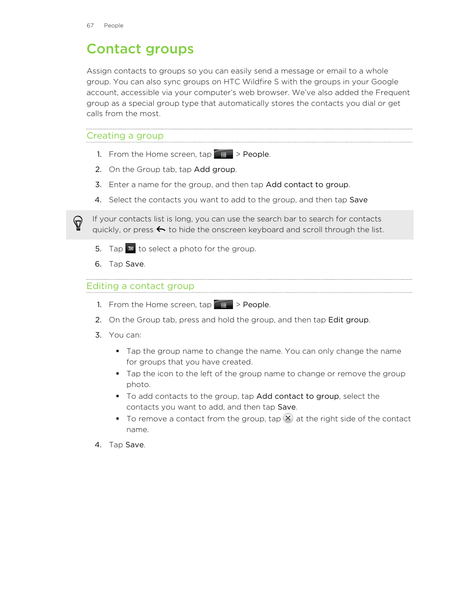 Contact groups, Creating a group, Editing a contact group | HTC Wildfire S EN User Manual | Page 67 / 187