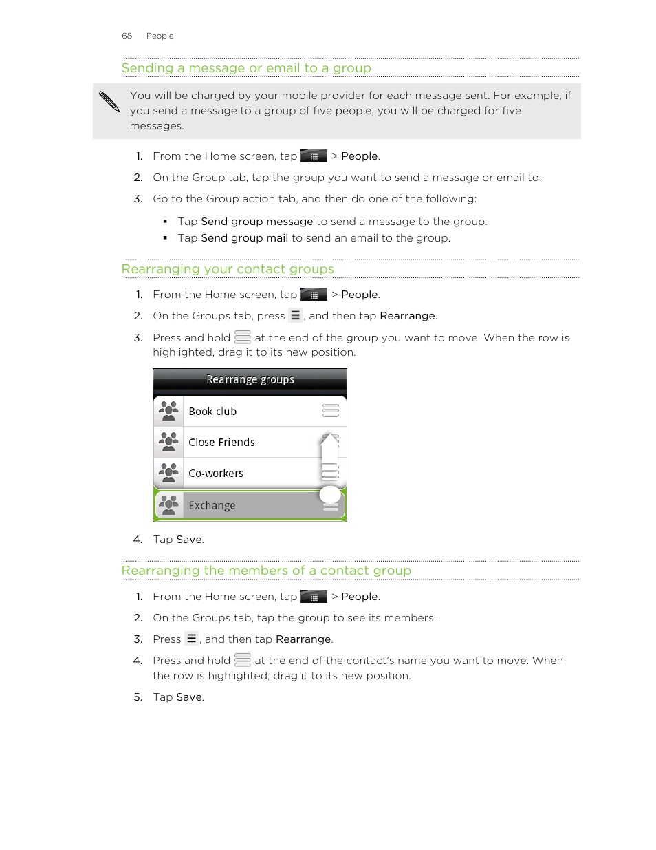 Sending a message or email to a group, Rearranging your contact groups, Rearranging the members of a contact group | HTC Wildfire S EN User Manual | Page 68 / 187