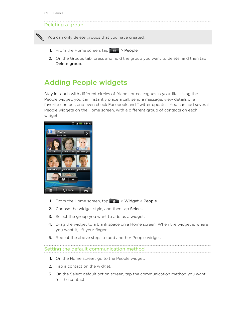 Deleting a group, Adding people widgets, Setting the default communication method | HTC Wildfire S EN User Manual | Page 69 / 187