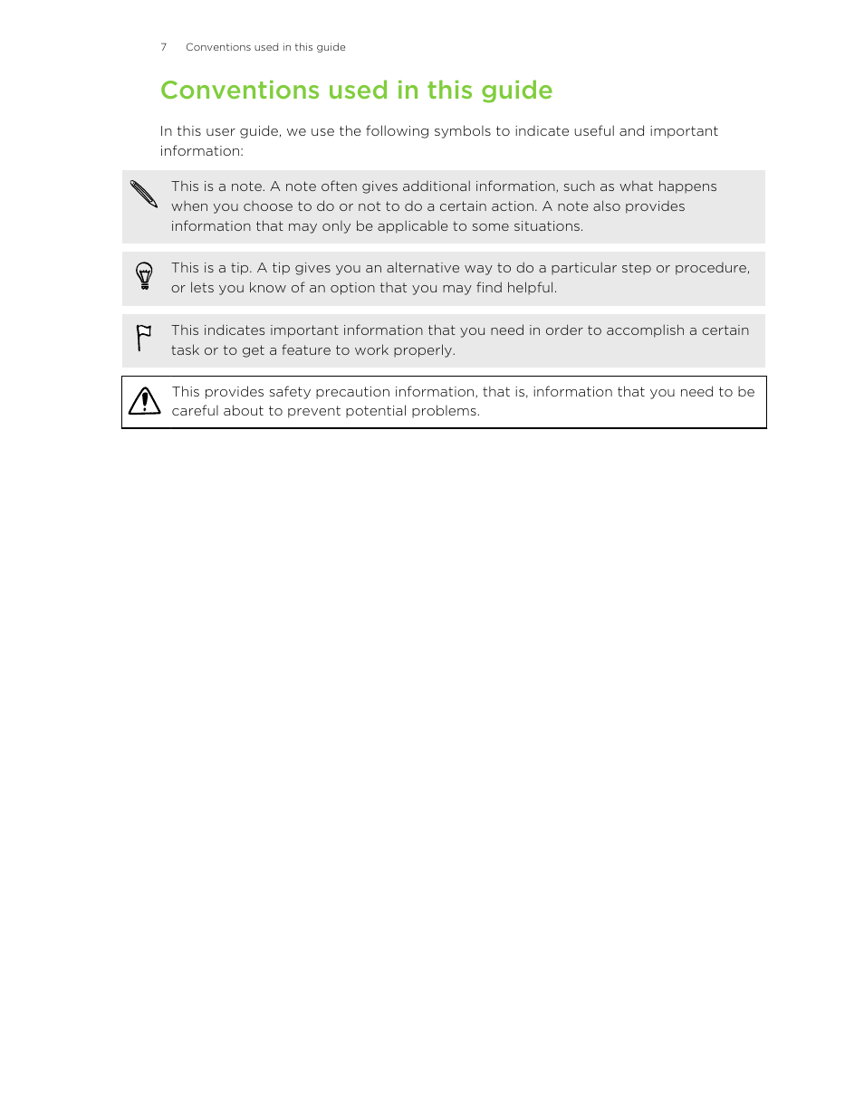 Conventions used in this guide | HTC Wildfire S EN User Manual | Page 7 / 187