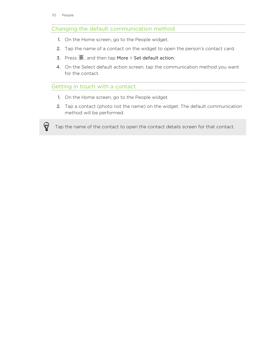 Changing the default communication method, Getting in touch with a contact | HTC Wildfire S EN User Manual | Page 70 / 187