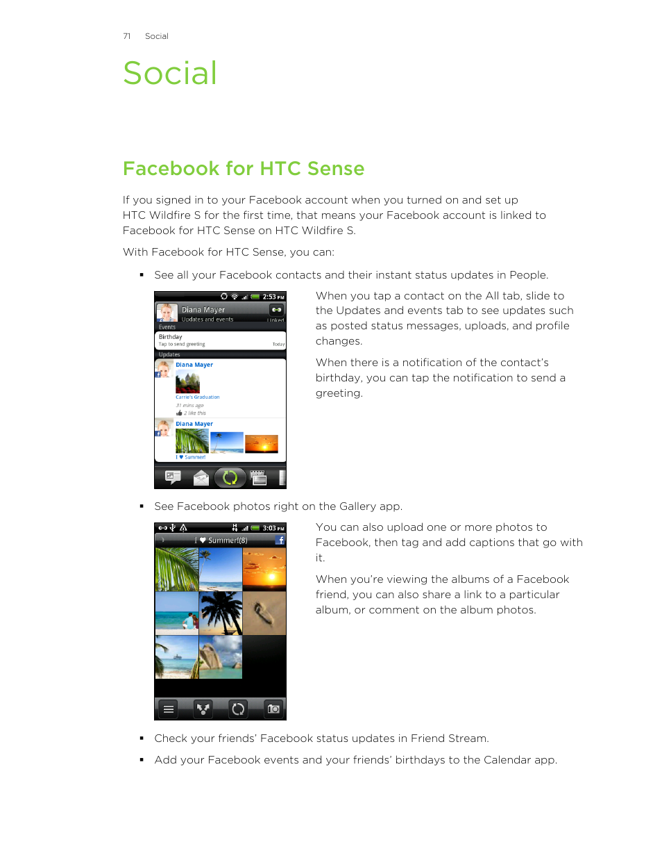 Social, Facebook for htc sense | HTC Wildfire S EN User Manual | Page 71 / 187