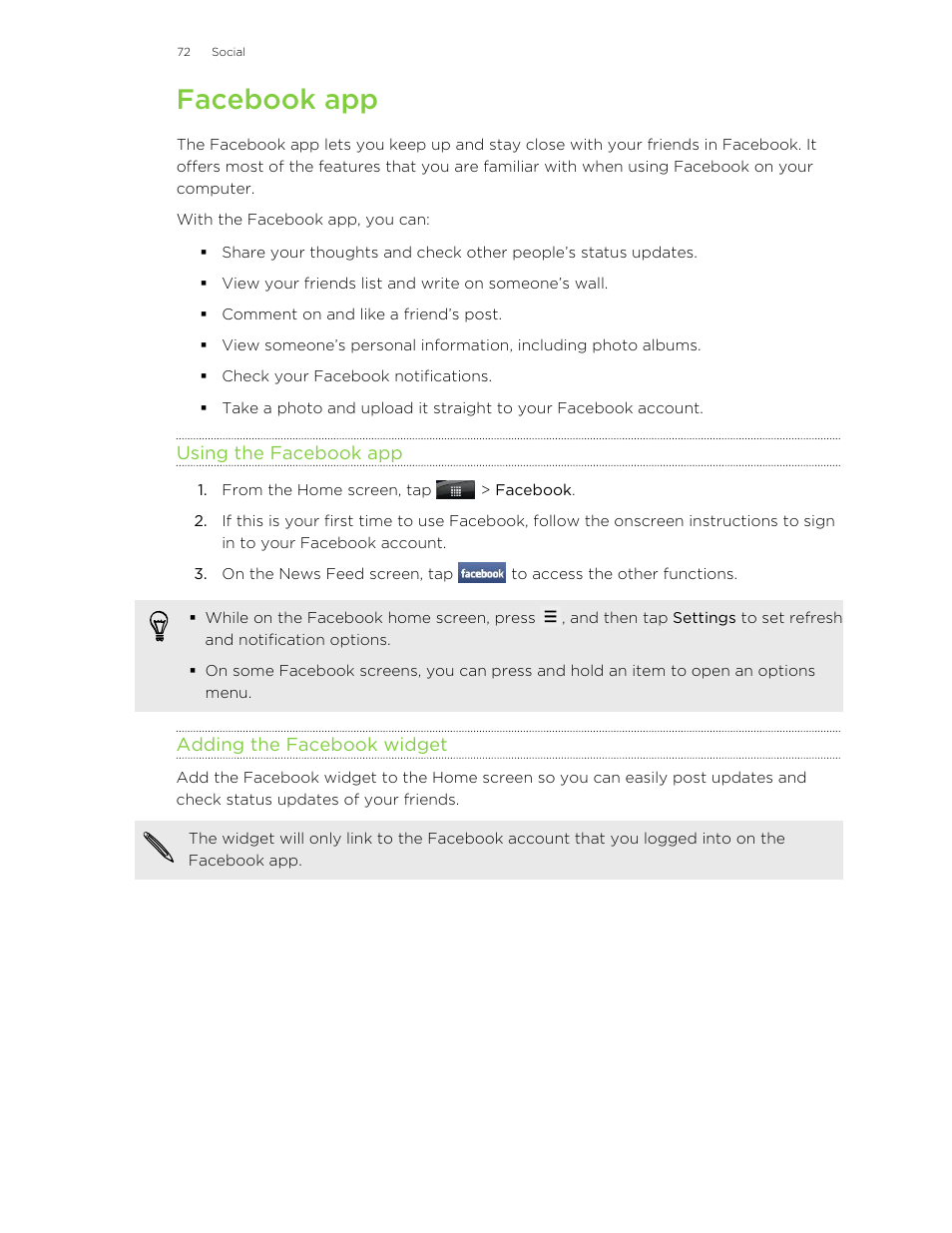 Facebook app, Using the facebook app, Adding the facebook widget | HTC Wildfire S EN User Manual | Page 72 / 187