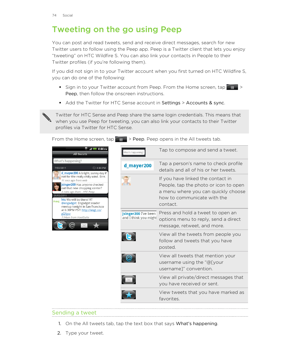 Tweeting on the go using peep, Sending a tweet | HTC Wildfire S EN User Manual | Page 74 / 187
