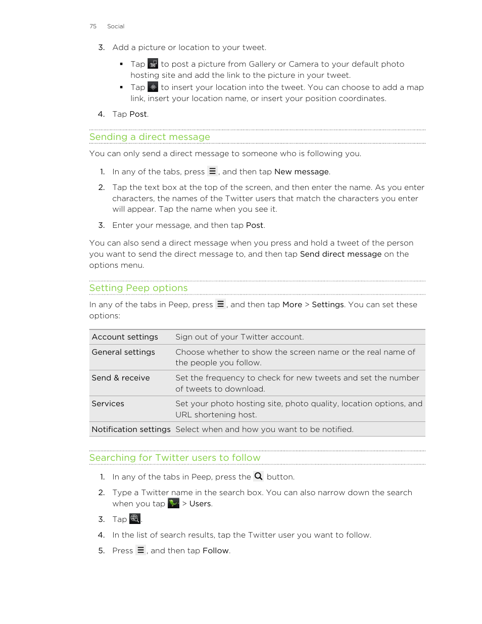 Sending a direct message, Setting peep options, Searching for twitter users to follow | HTC Wildfire S EN User Manual | Page 75 / 187