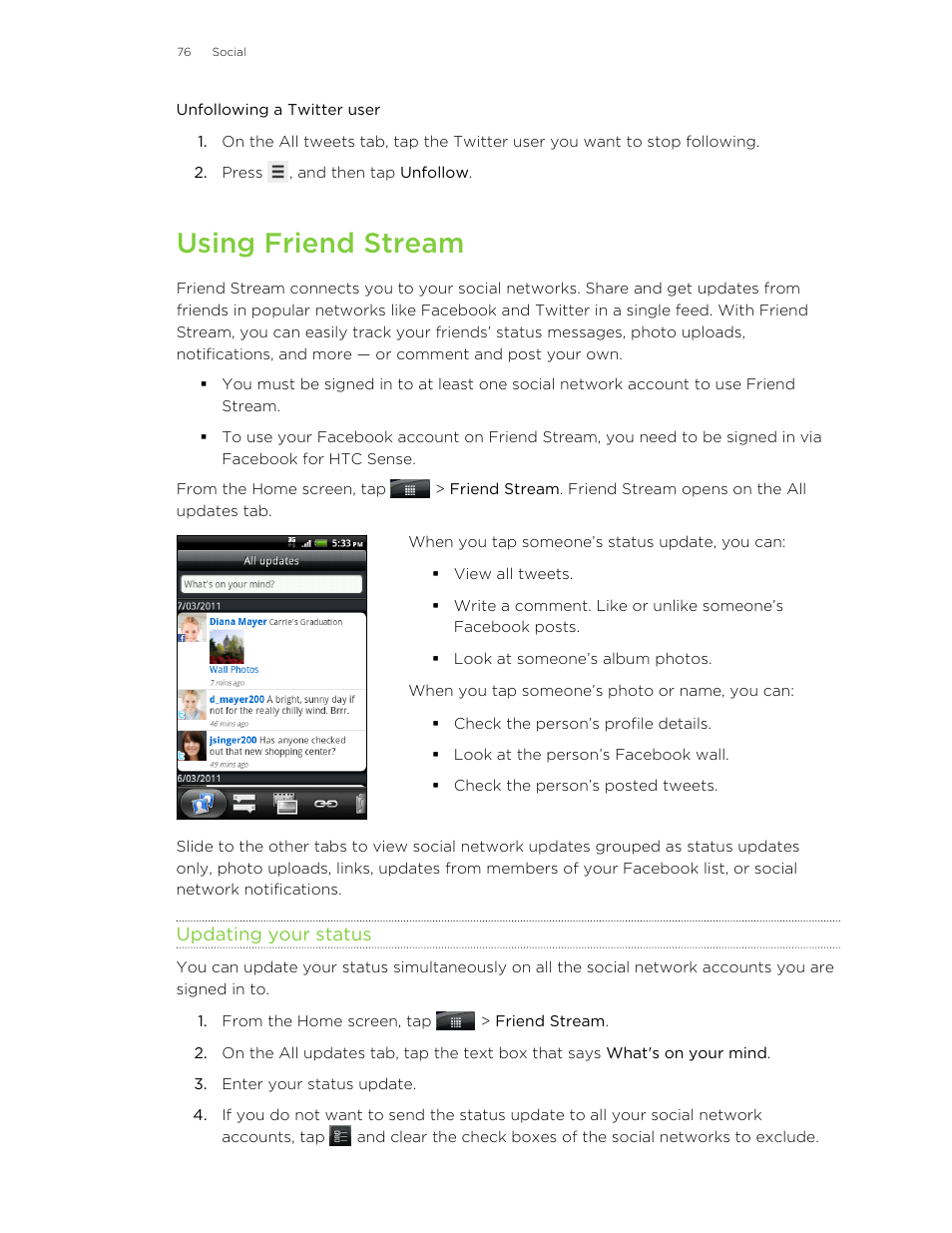 Unfollowing a twitter user, Using friend stream, Updating your status | HTC Wildfire S EN User Manual | Page 76 / 187