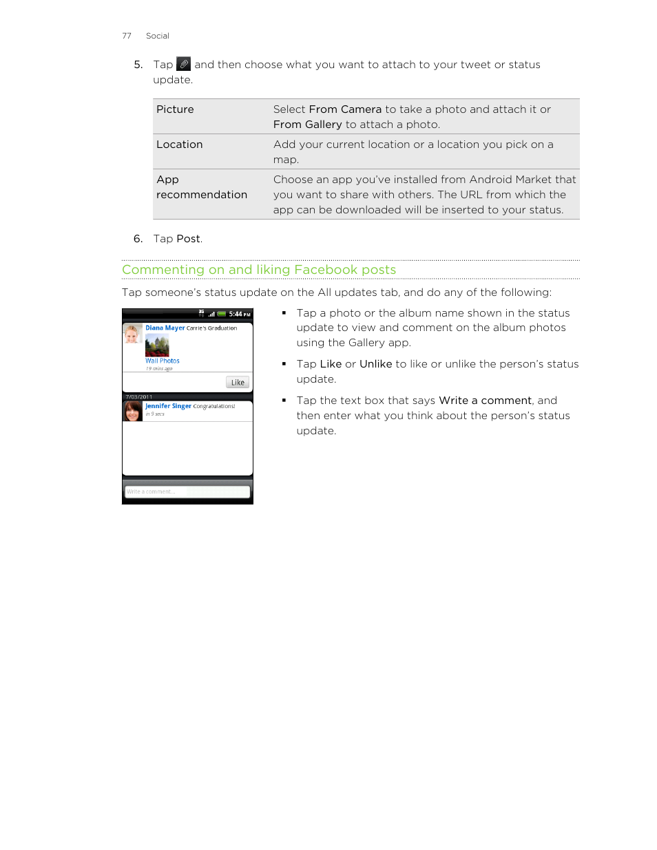 Commenting on and liking facebook posts | HTC Wildfire S EN User Manual | Page 77 / 187