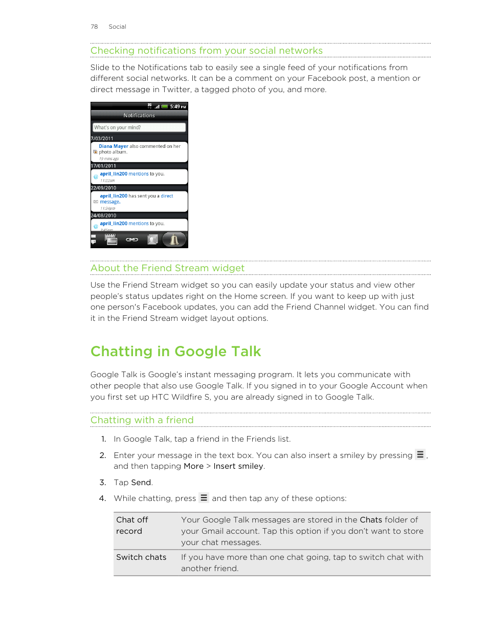 Checking notifications from your social networks, About the friend stream widget, Chatting in google talk | Chatting with a friend | HTC Wildfire S EN User Manual | Page 78 / 187