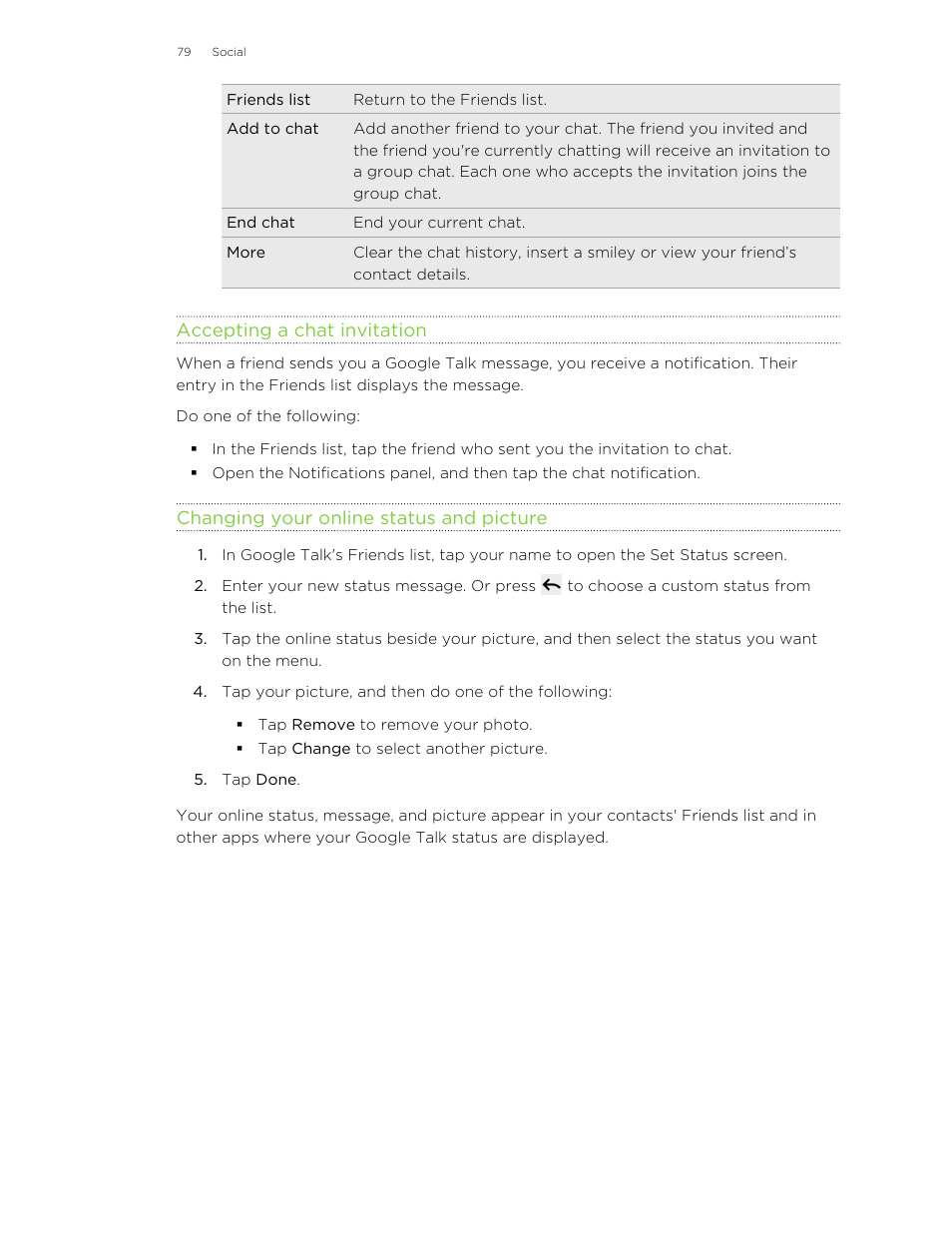 Accepting a chat invitation, Changing your online status and picture | HTC Wildfire S EN User Manual | Page 79 / 187