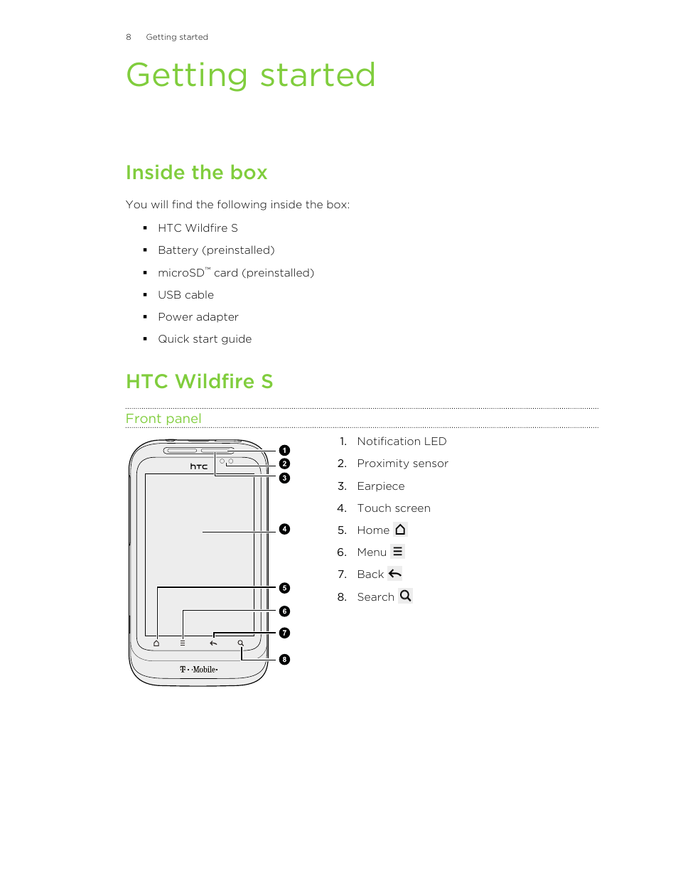 Getting started, Inside the box, Htc wildfire s | Front panel | HTC Wildfire S EN User Manual | Page 8 / 187