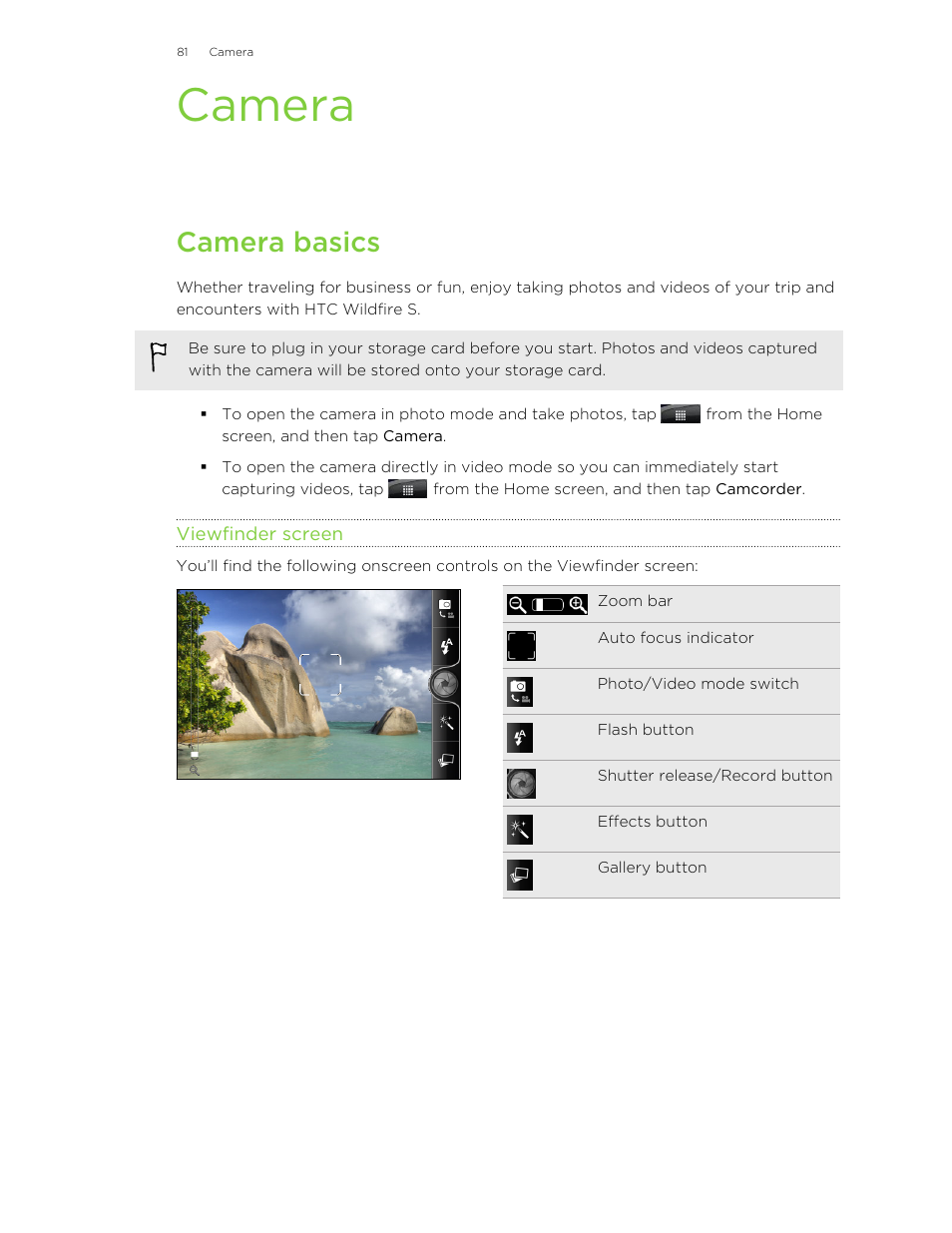 Camera, Camera basics, Viewfinder screen | HTC Wildfire S EN User Manual | Page 81 / 187