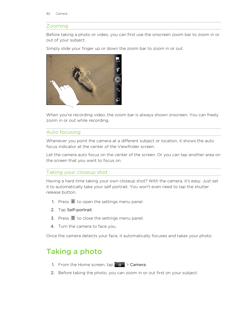 Zooming, Auto focusing, Taking your closeup shot | Taking a photo | HTC Wildfire S EN User Manual | Page 82 / 187