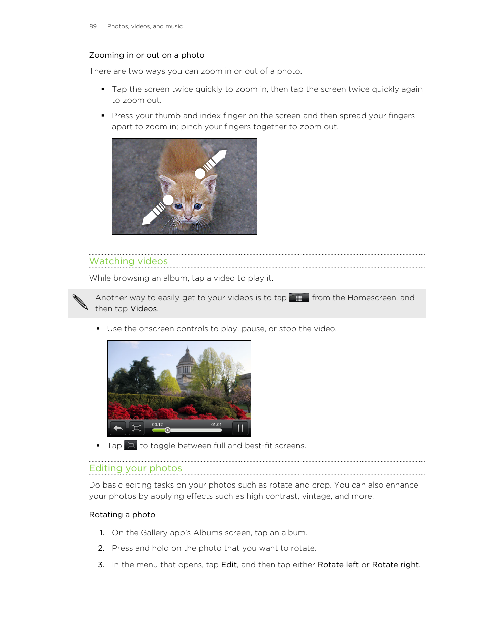 Zooming in or out on a photo, Watching videos, Editing your photos | Rotating a photo | HTC Wildfire S EN User Manual | Page 89 / 187