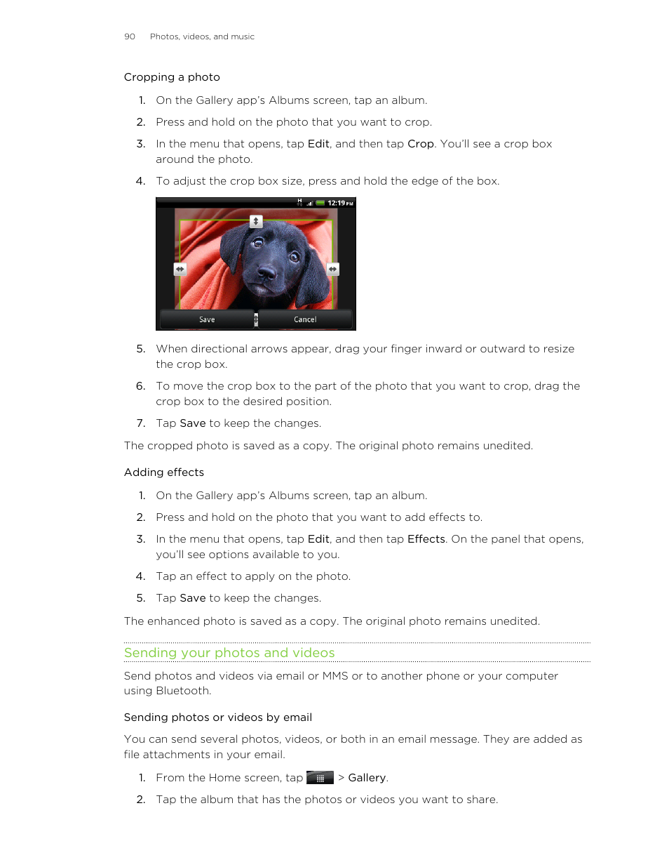 Cropping a photo, Adding effects, Sending your photos and videos | Sending photos or videos by email | HTC Wildfire S EN User Manual | Page 90 / 187