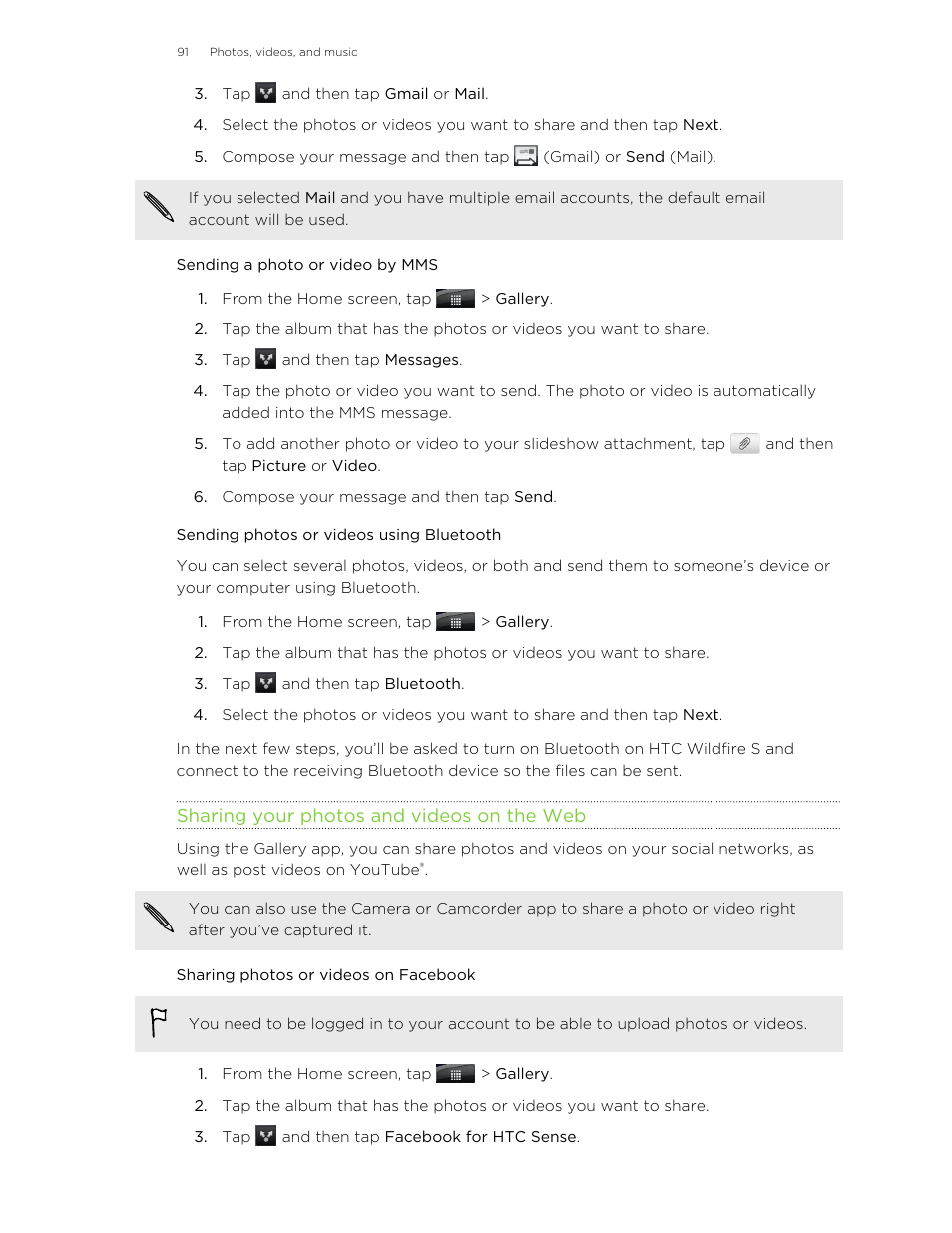 Sending a photo or video by mms, Sending photos or videos using bluetooth, Sharing your photos and videos on the web | Sharing photos or videos on facebook | HTC Wildfire S EN User Manual | Page 91 / 187