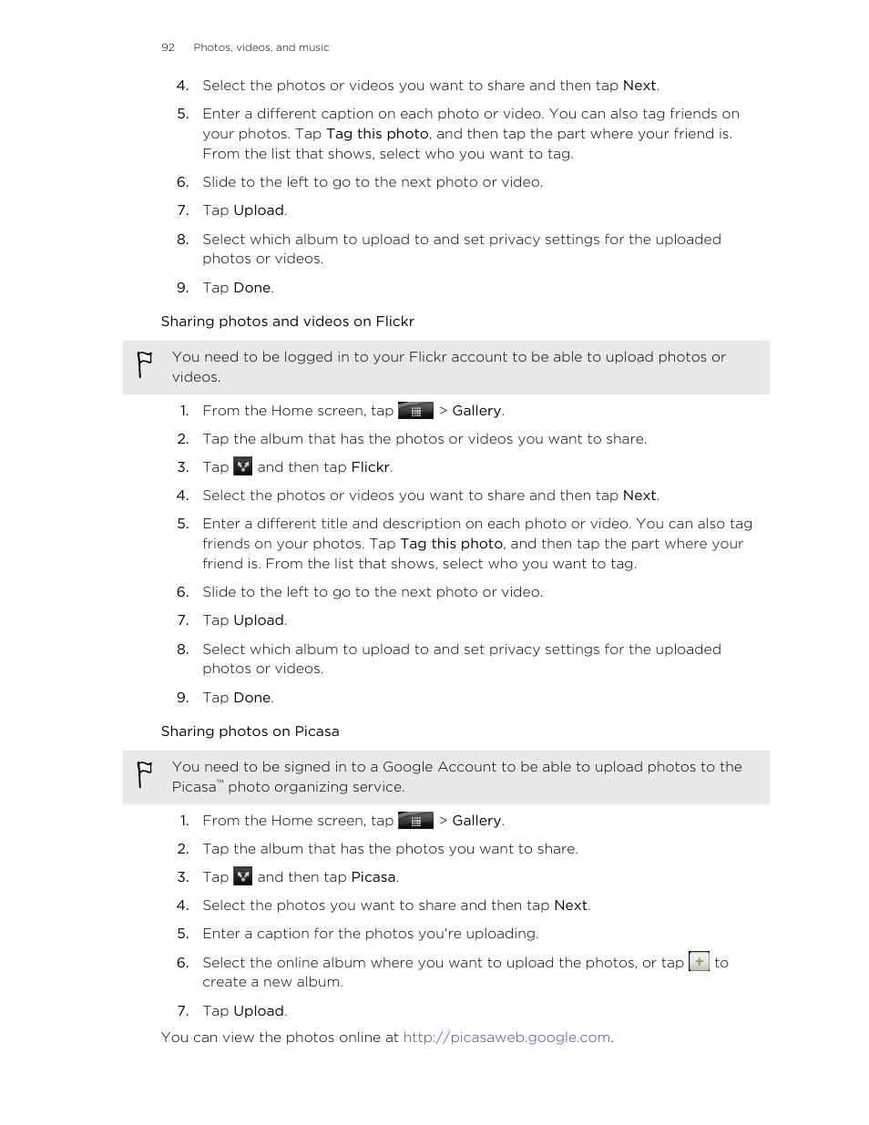 Sharing photos and videos on flickr, Sharing photos on picasa | HTC Wildfire S EN User Manual | Page 92 / 187