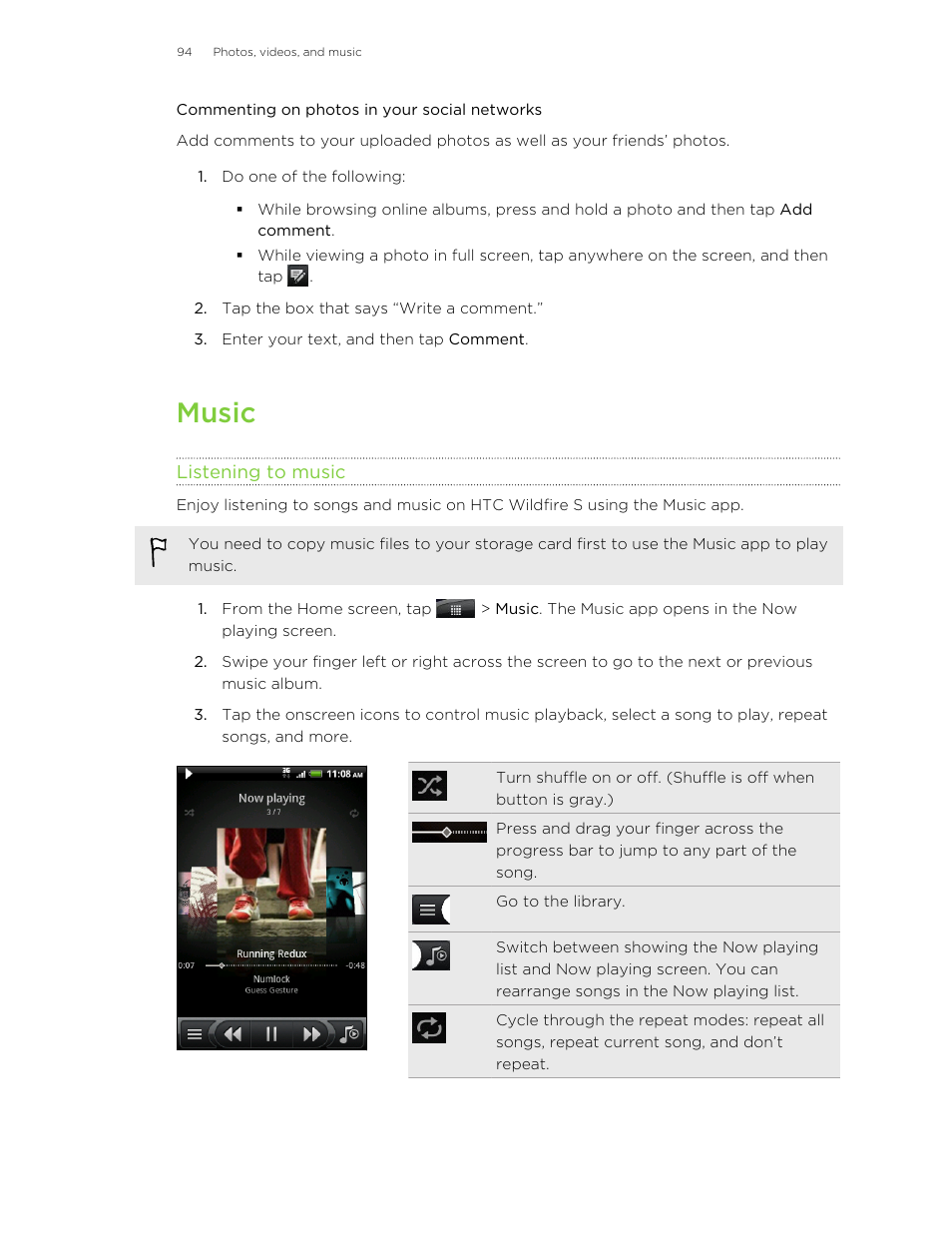 Commenting on photos in your social networks, Music, Listening to music | HTC Wildfire S EN User Manual | Page 94 / 187